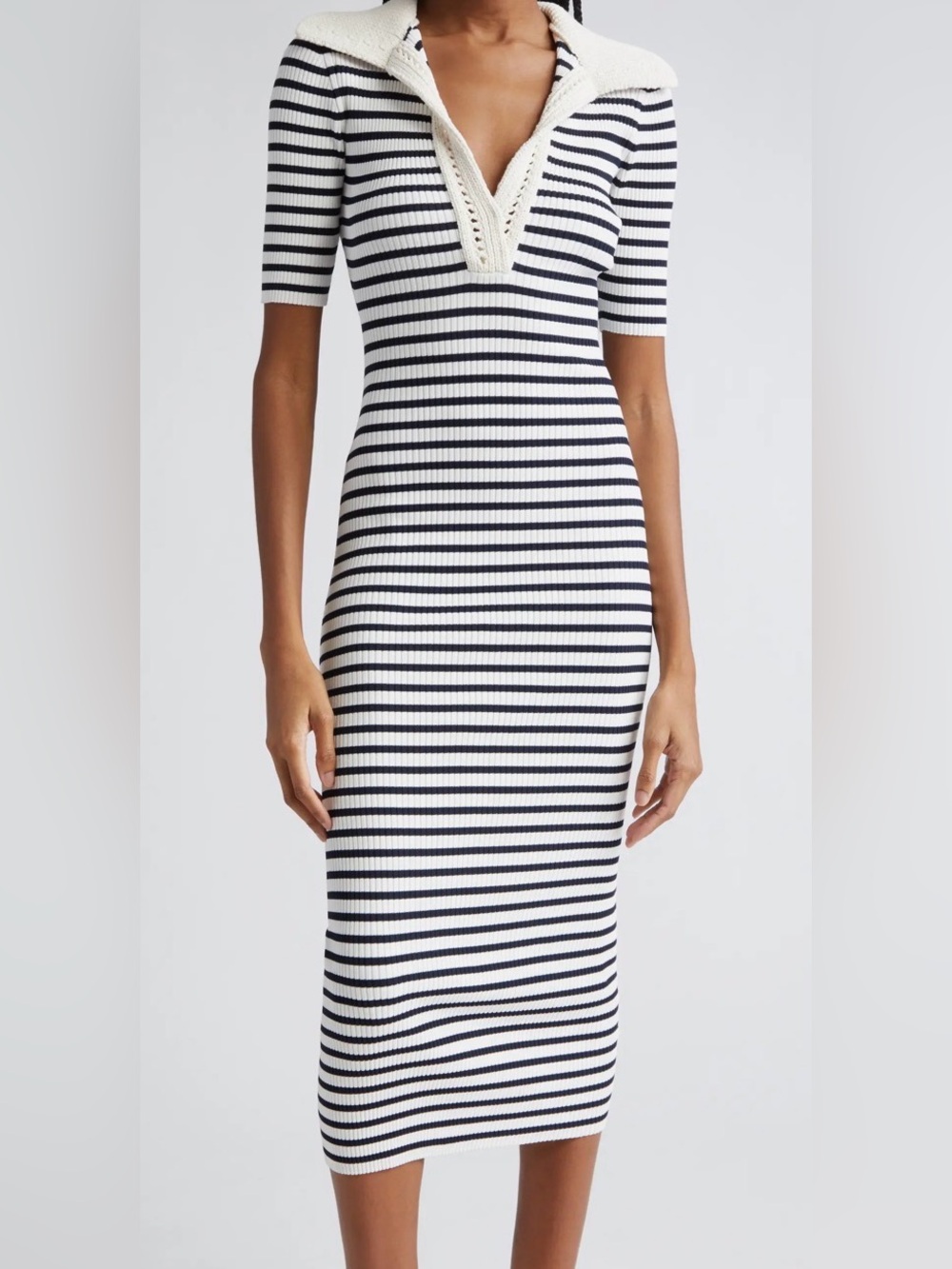 Striped Ribbed Midi Dress in White & Navy